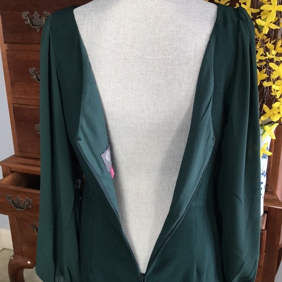Vince Camuto Sheer Long Sleeve Stretch Crepe Sheath Dress Hunter Green Size 12 - Picture 8 of 13